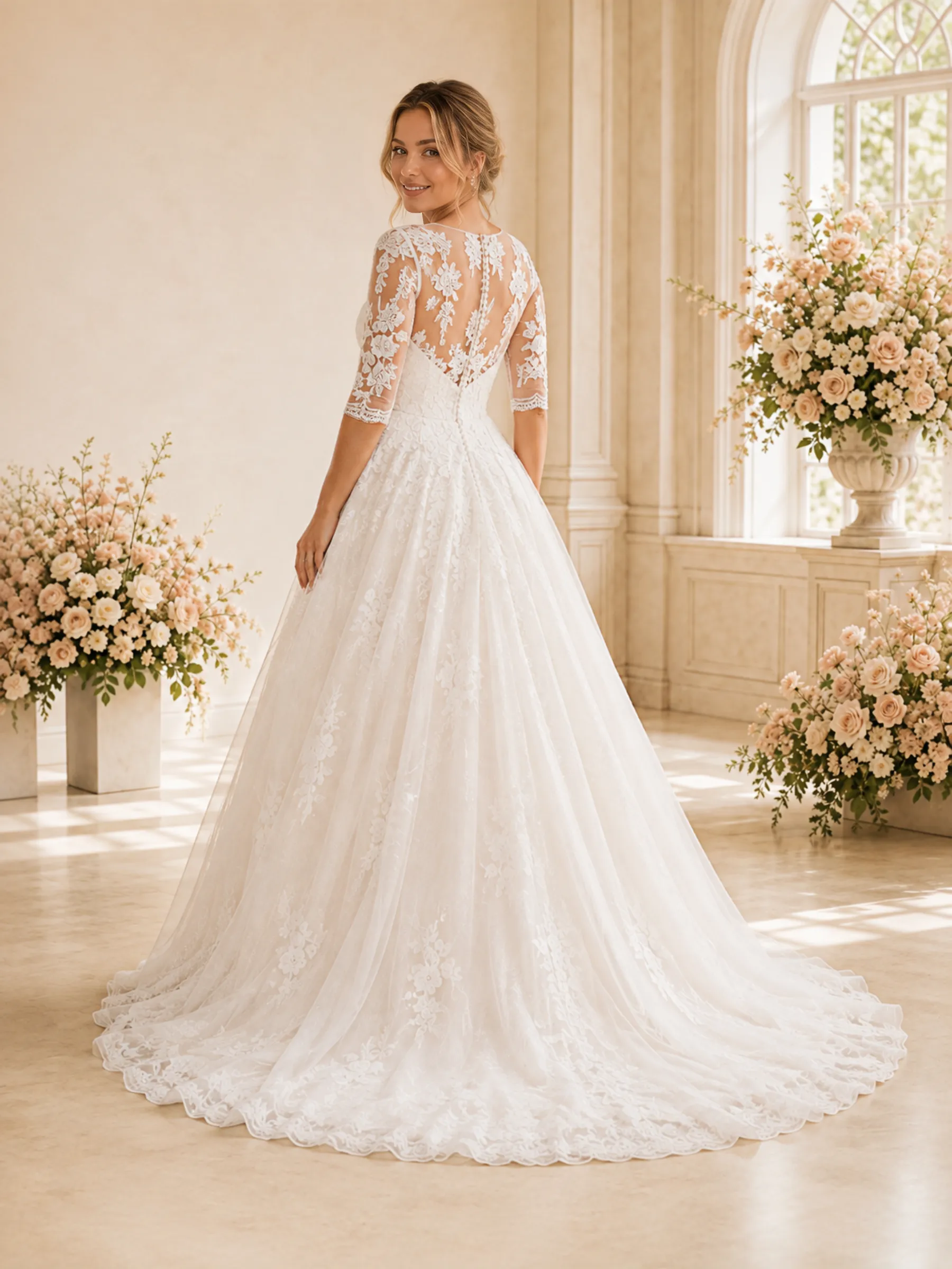 ChicSew Elegant Jewel Half Sleeves Lace Tulle Maxi Long A-Line Wedding Dress sold by ChicSew product image thumbnail 4