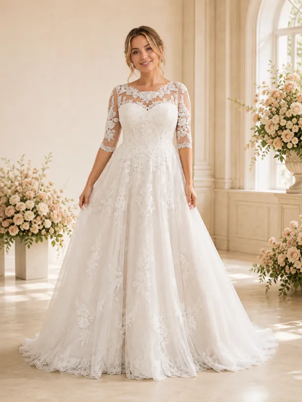 ChicSew Elegant Jewel Half Sleeves Lace Tulle Maxi Long A-Line Wedding Dress made by ChicSew
