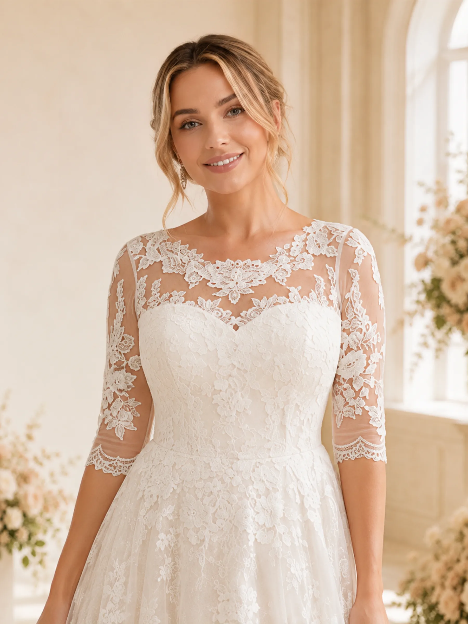 ChicSew Elegant Jewel Half Sleeves Lace Tulle Maxi Long A-Line Wedding Dress sold by ChicSew product image thumbnail 2