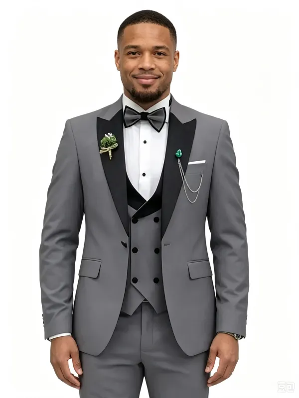 Color Blocking 3 Piece Grey Men's Suit with Regular Fit and Sophisticated Peak Lapel made by ChicSew