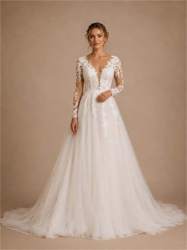 ChicSew Fancy V-Neck Lace Tulle Long Sleeves Maxi A-Line Wedding Dress made by ChicSew