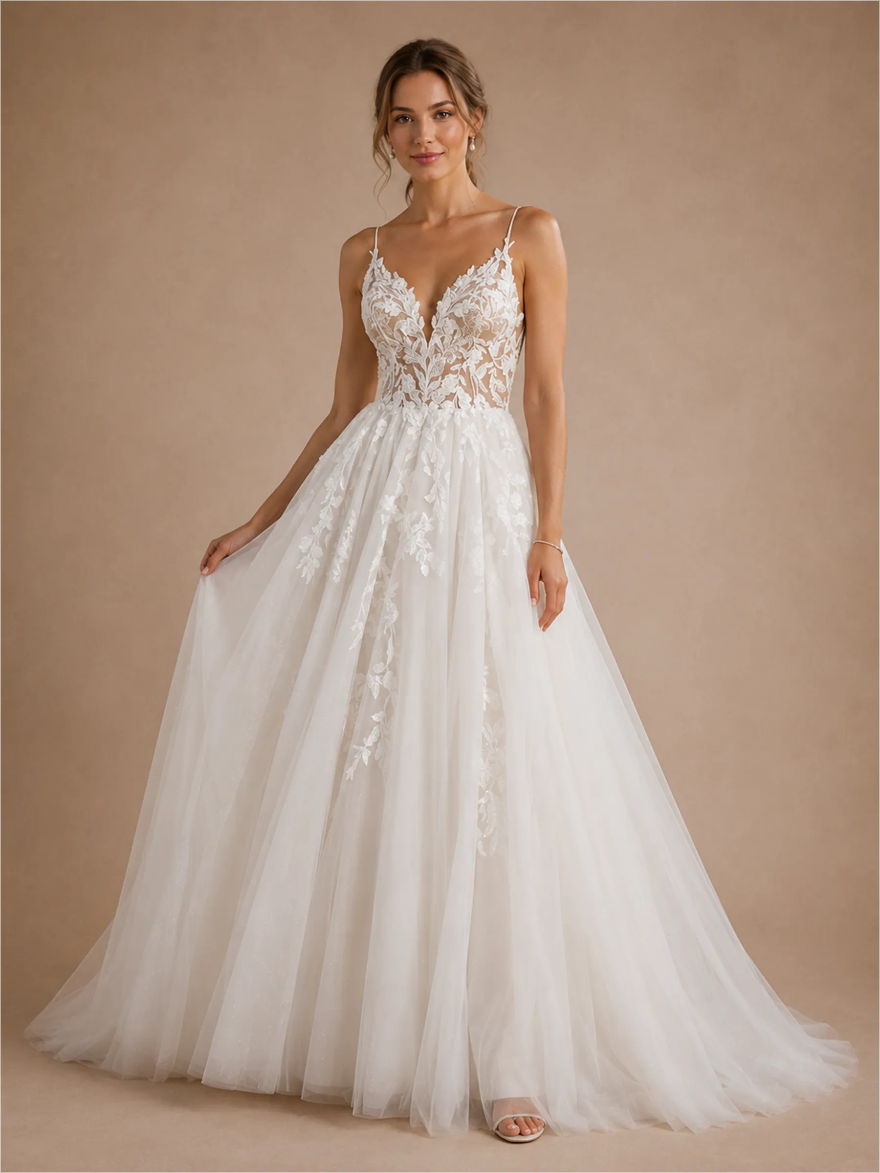 ChicSew Elegant Fancy Spaghetti Straps Lace Tulle Maxi A-Line Wedding Dress sold by ChicSew