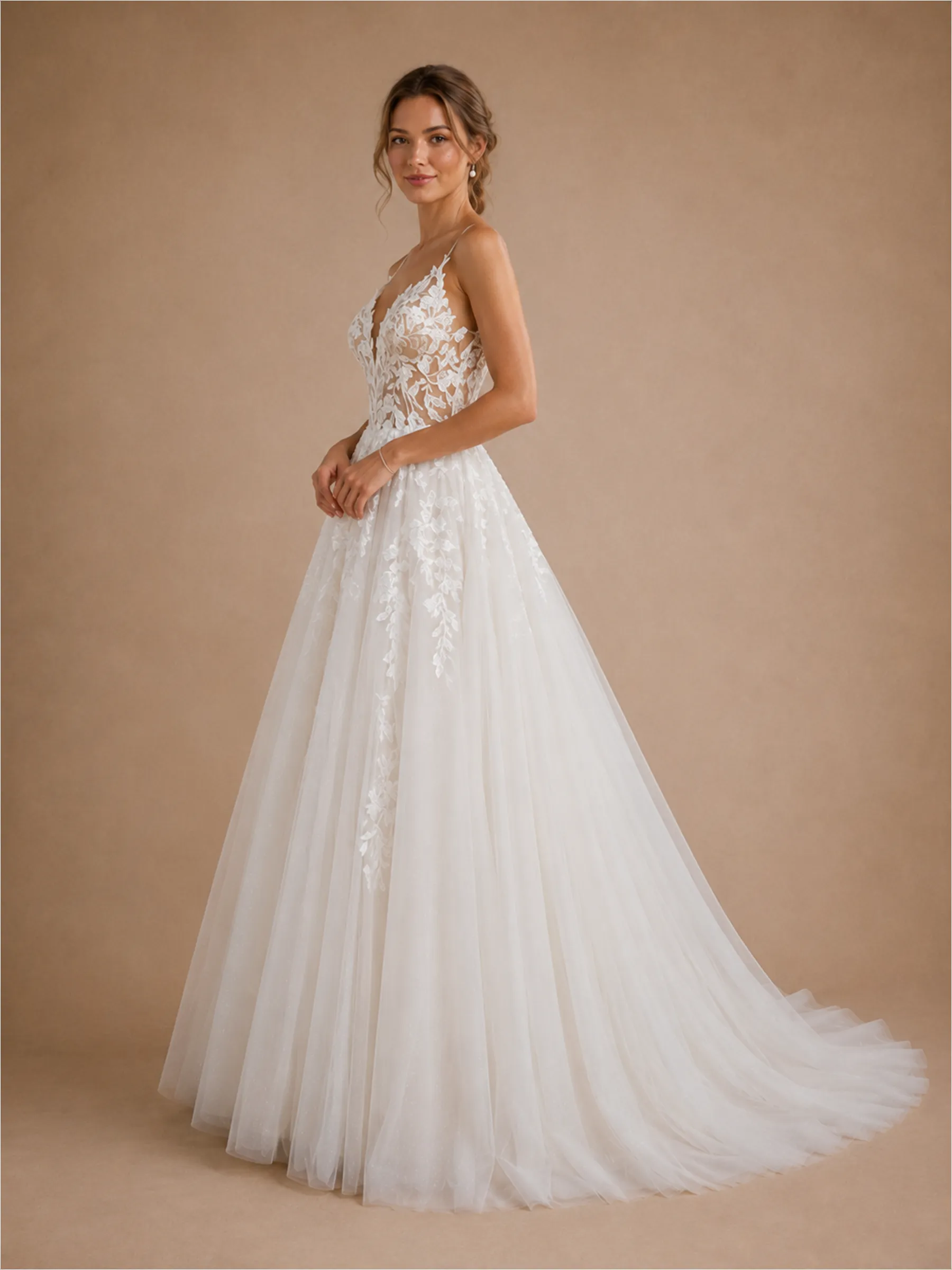 ChicSew Elegant Fancy Spaghetti Straps Lace Tulle Maxi A-Line Wedding Dress sold by ChicSew product image thumbnail 4