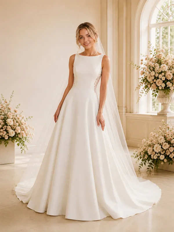ChicSew Elegant Jewel Lace A-Line Crepe Sleeveless Floor-Length Wedding Dress made by ChicSew