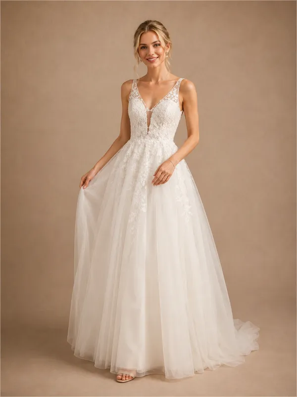 ChicSew Elegant Fancy Deep V-Neck A-Line Lace Tulle Maxi Long Wedding Dress made by ChicSew