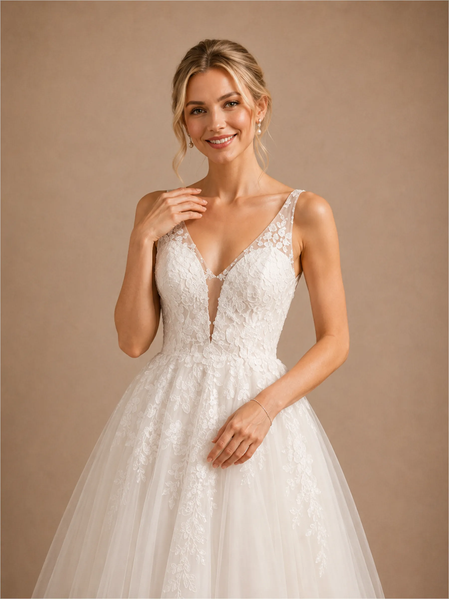 ChicSew Elegant Fancy Deep V-Neck A-Line Lace Tulle Maxi Long Wedding Dress sold by ChicSew product image thumbnail 2