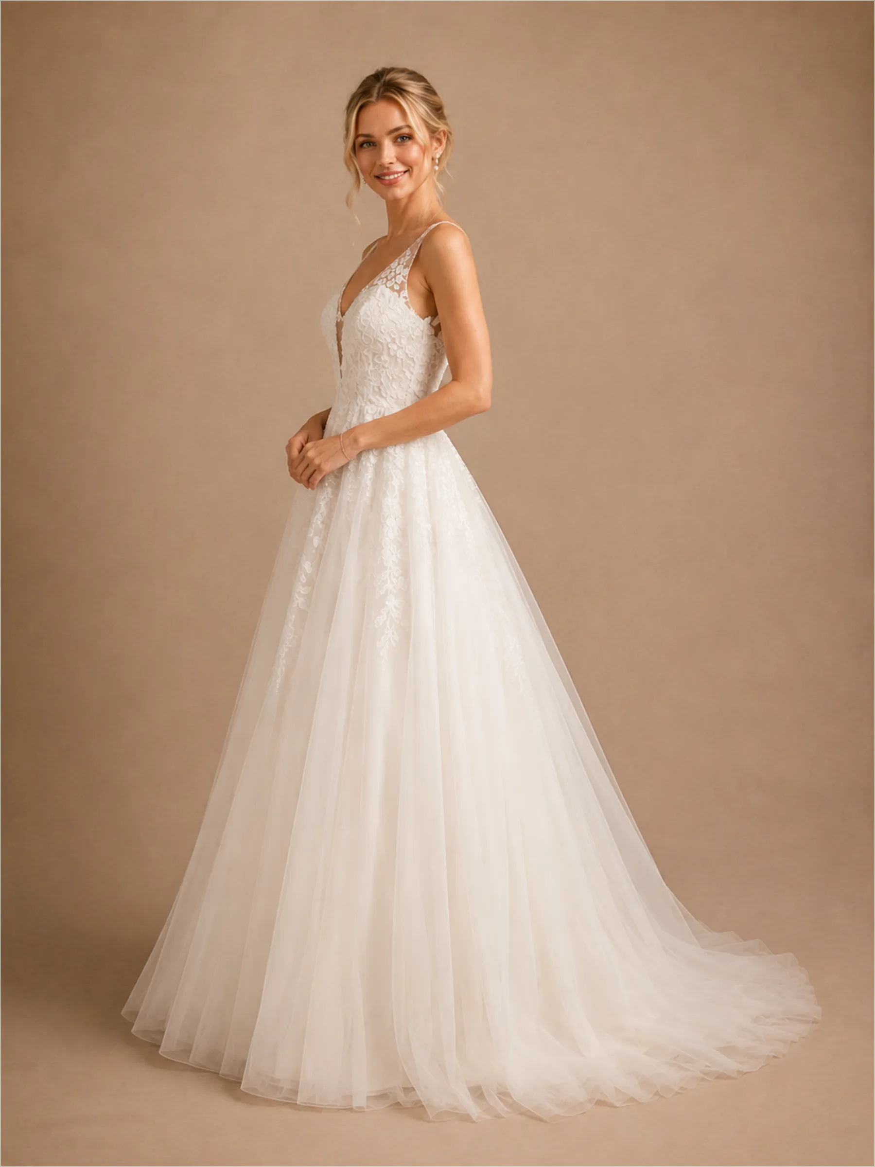 ChicSew Elegant Fancy Deep V-Neck A-Line Lace Tulle Maxi Long Wedding Dress sold by ChicSew product image thumbnail 4