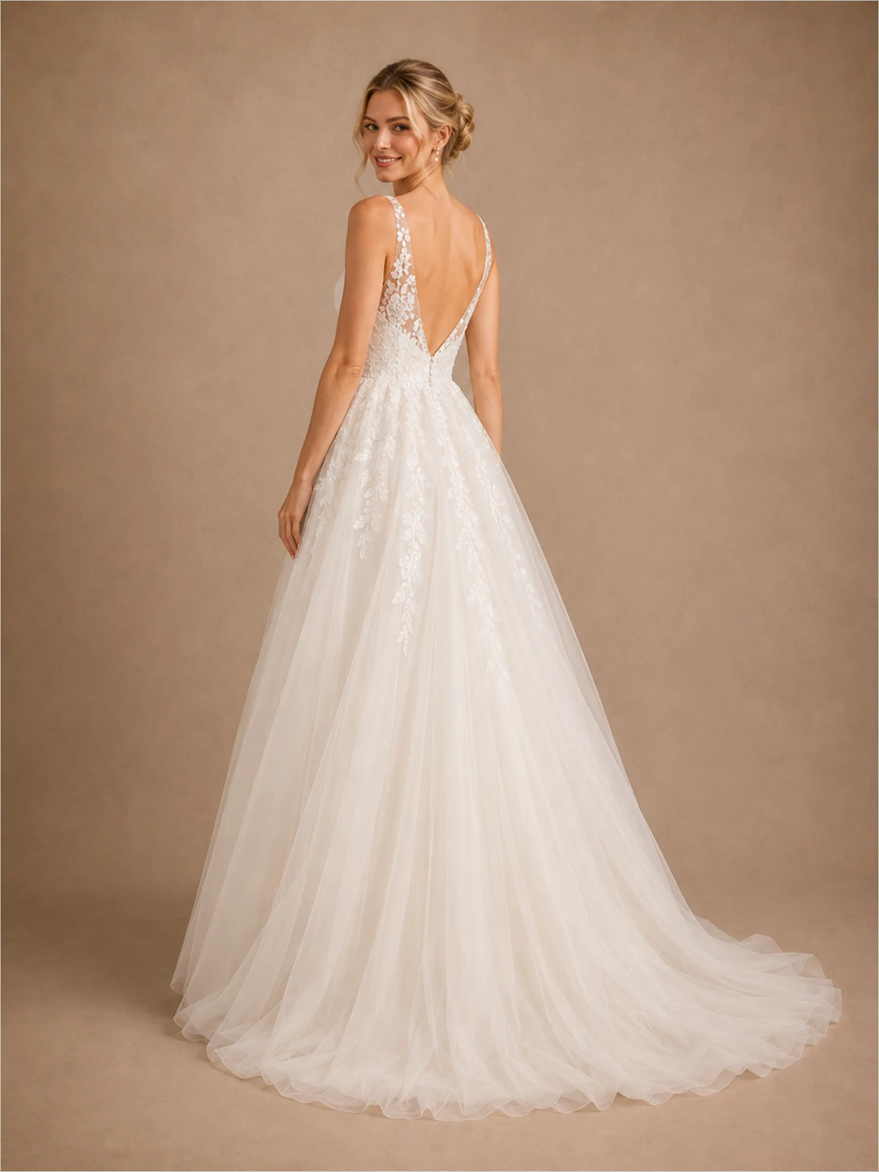 ChicSew Elegant Fancy Deep V-Neck A-Line Lace Tulle Maxi Long Wedding Dress sold by ChicSew product image thumbnail 3
