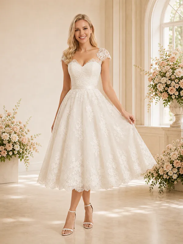 ChicSew Elegant Cap Sleeves Lace Tulle A-Line Tea-Length Wedding Dresses made by ChicSew