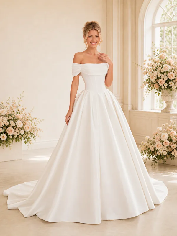 ChicSew Fancy Satin A-Line Off The Shoulder Boning Floor-Length Wedding Dresses made by ChicSew