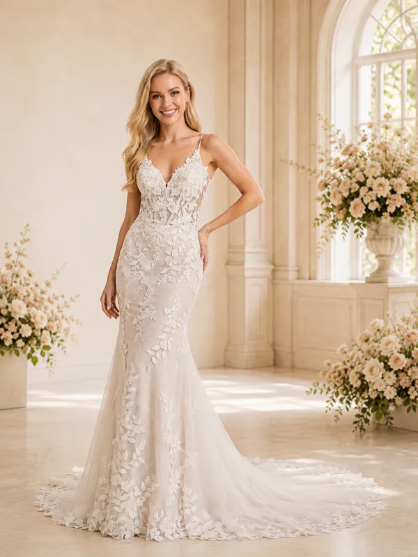 ChicSew Sexy Mermaid Lace Applique Tulle Spaghetti Straps Maxi Long Wedding Dress Open Back With Button made by ChicSew