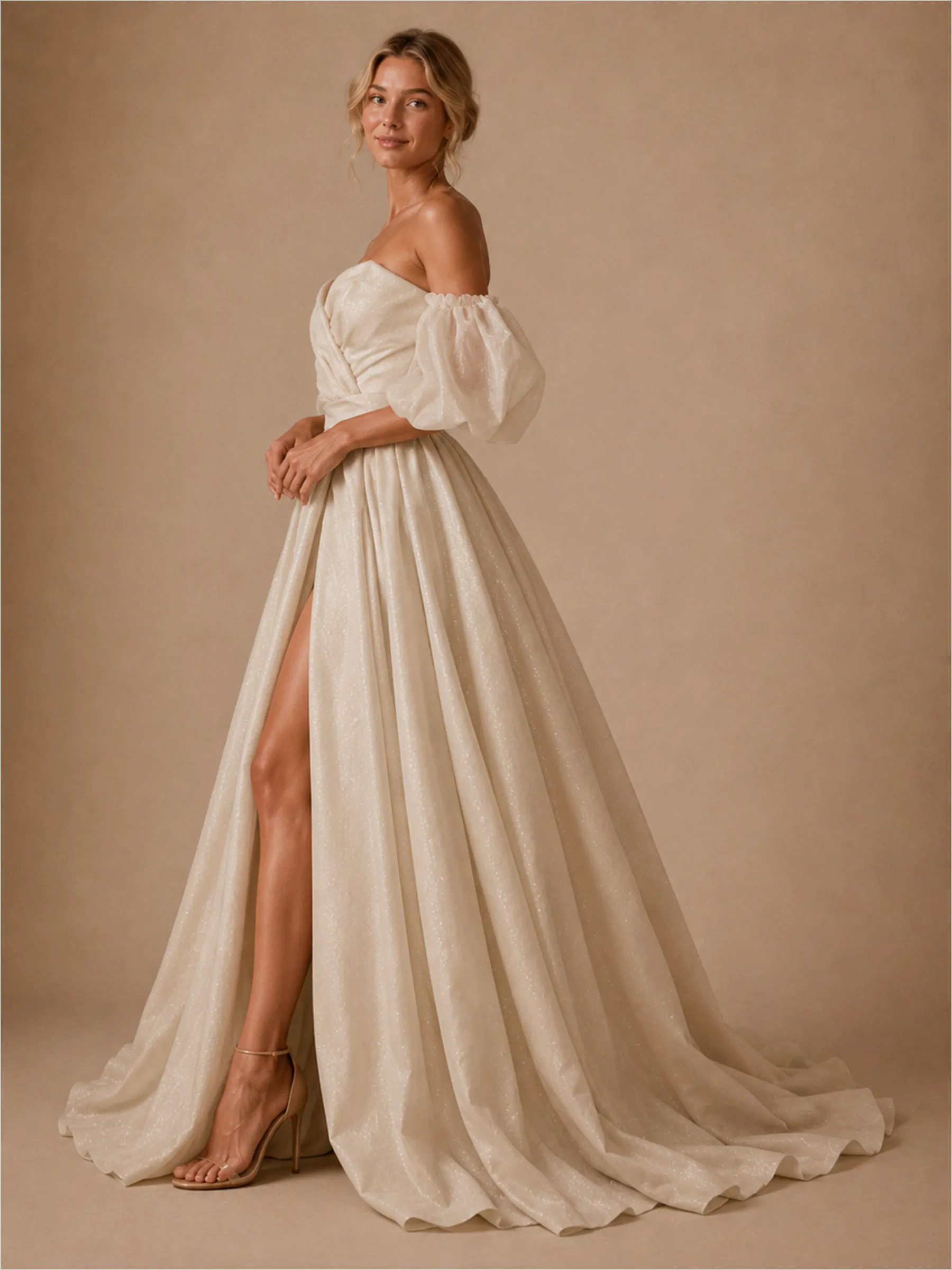 ChicSew Elegant Sweetheart Ruching A-Line Sequin Tulle Side Slit Floor-Length Wedding Dress sold by ChicSew product image thumbnail 3