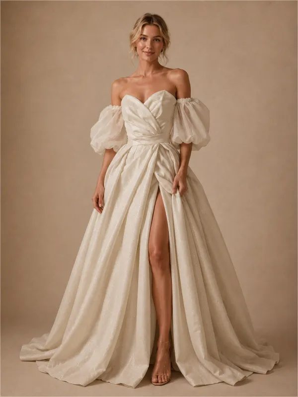 ChicSew Elegant Sweetheart Ruching A-Line Sequin Tulle Side Slit Floor-Length Wedding Dress made by ChicSew
