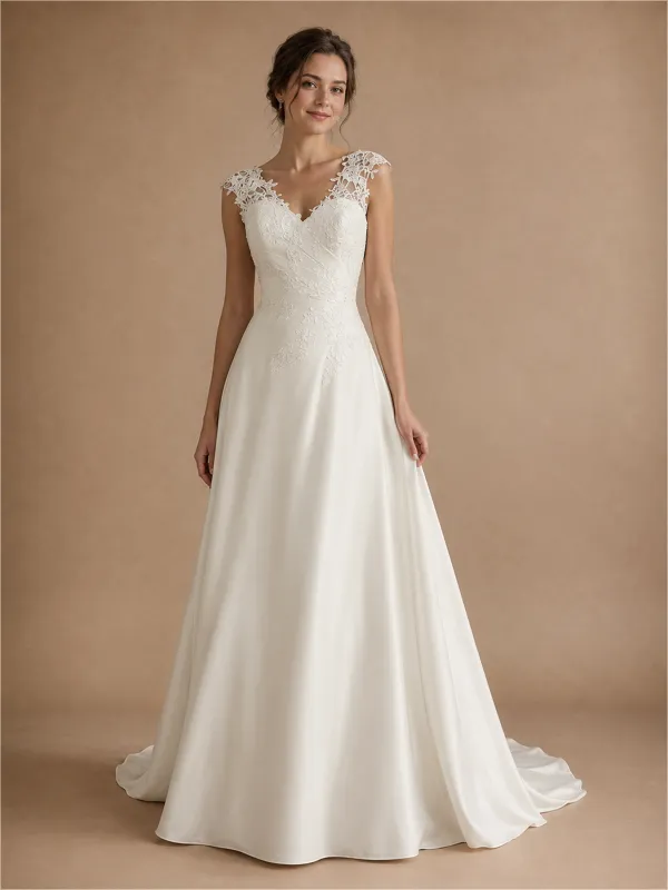 ChicSew Fancy Spaghetti Straps V-Neck Lace Satin Long A-Line Wedding Dress made by ChicSew
