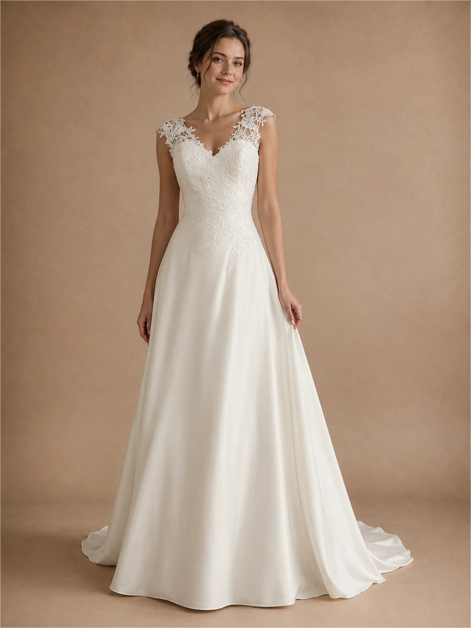 ChicSew Fancy Spaghetti Straps V-Neck Lace Satin Long A-Line Wedding Dress sold by ChicSew