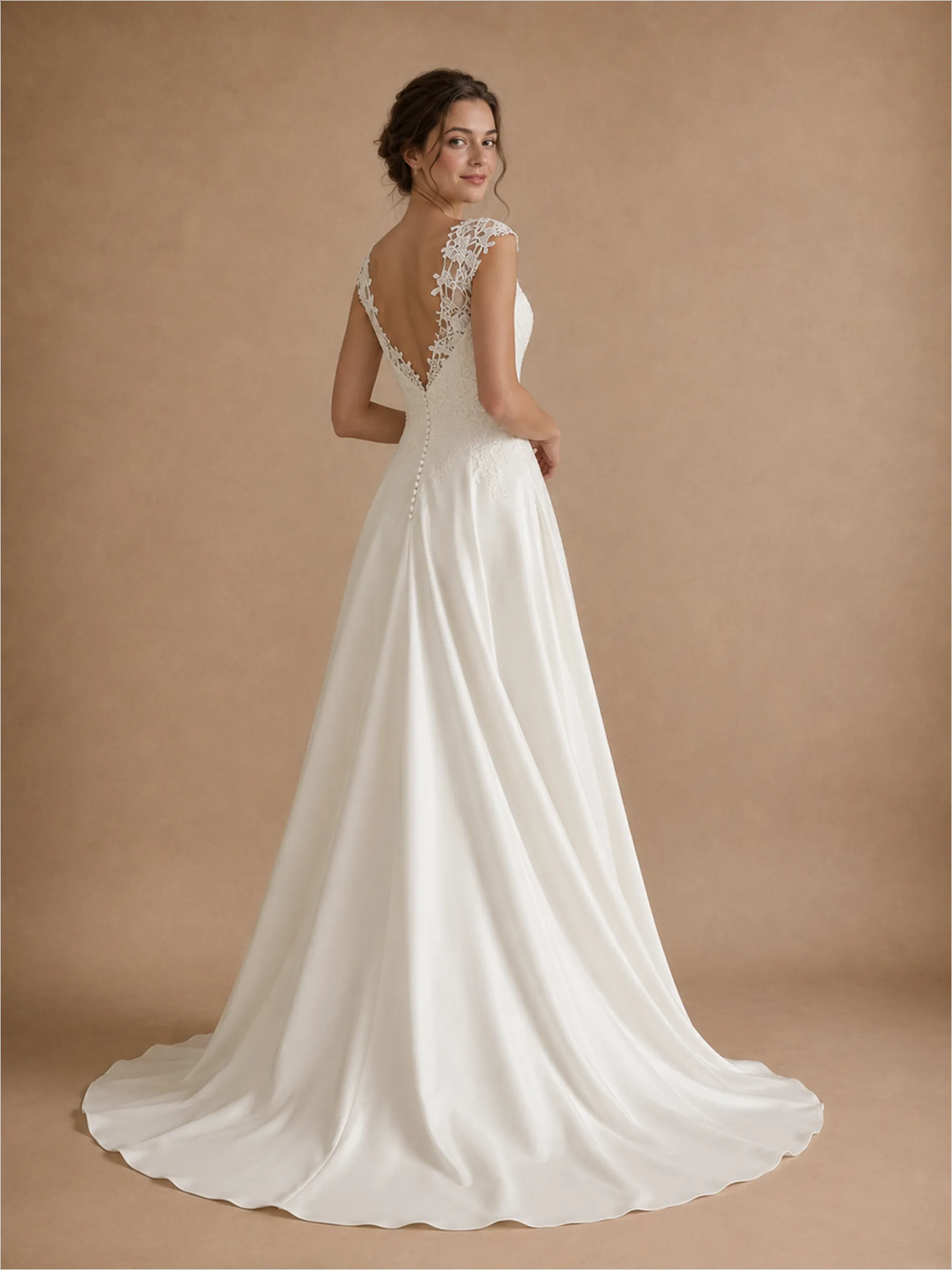 ChicSew Fancy Spaghetti Straps V-Neck Lace Satin Long A-Line Wedding Dress sold by ChicSew product image thumbnail 3