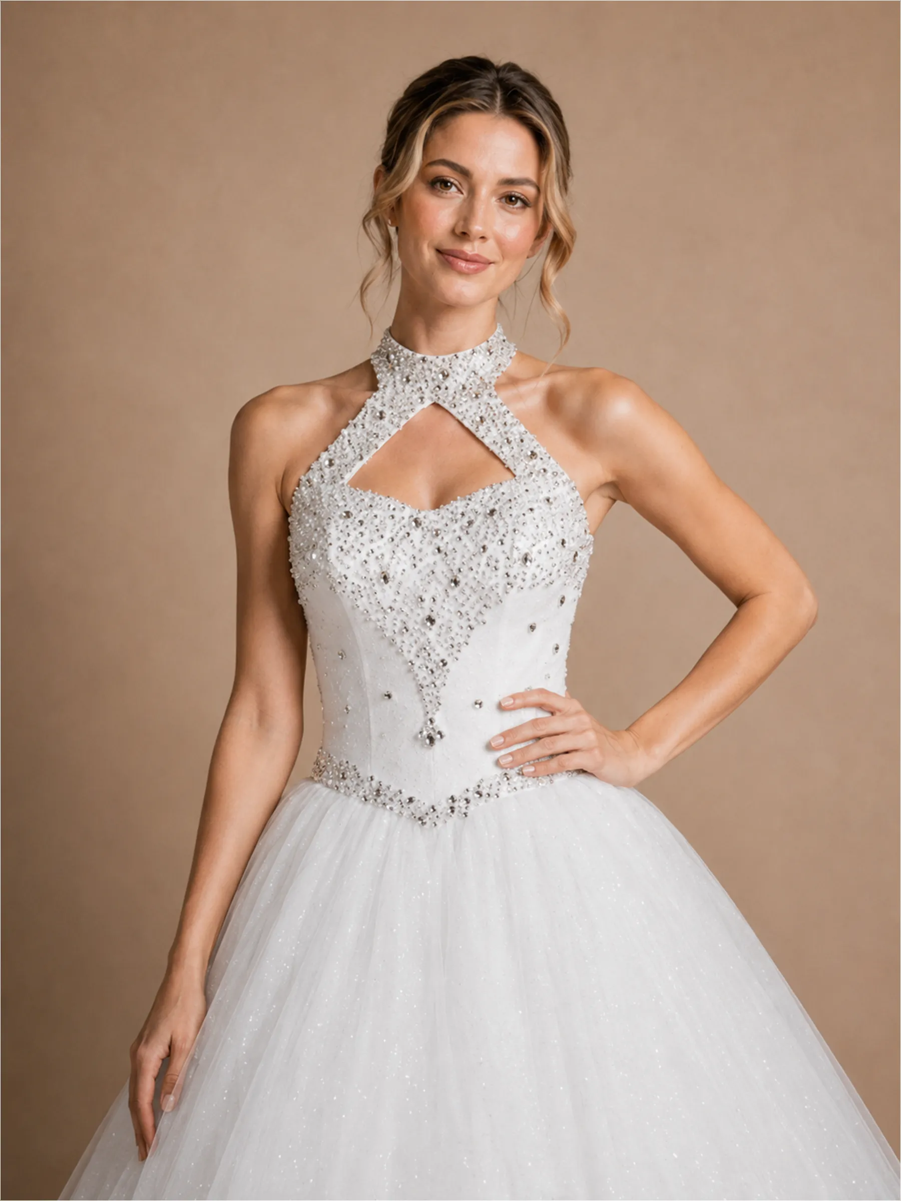ChicSew Elegant High-Neck A-Line Glitter Tulle Rhinestone Floor-Length Wedding Dress sold by ChicSew product image thumbnail 2