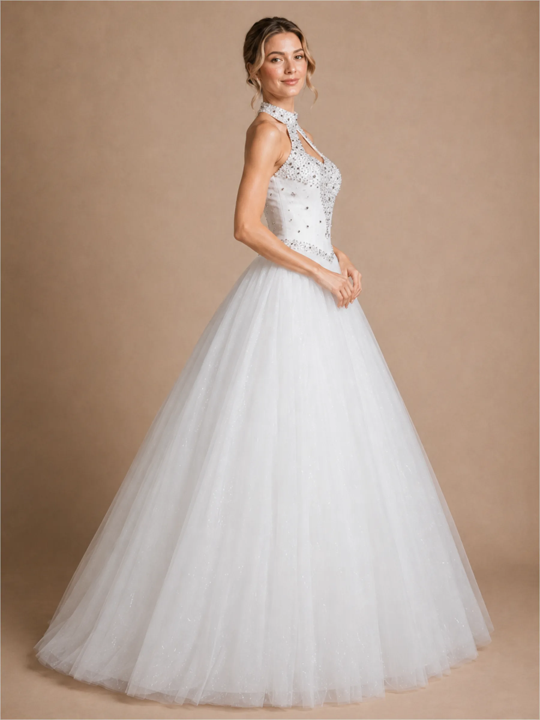 ChicSew Elegant High-Neck A-Line Glitter Tulle Rhinestone Floor-Length Wedding Dress sold by ChicSew product image thumbnail 3