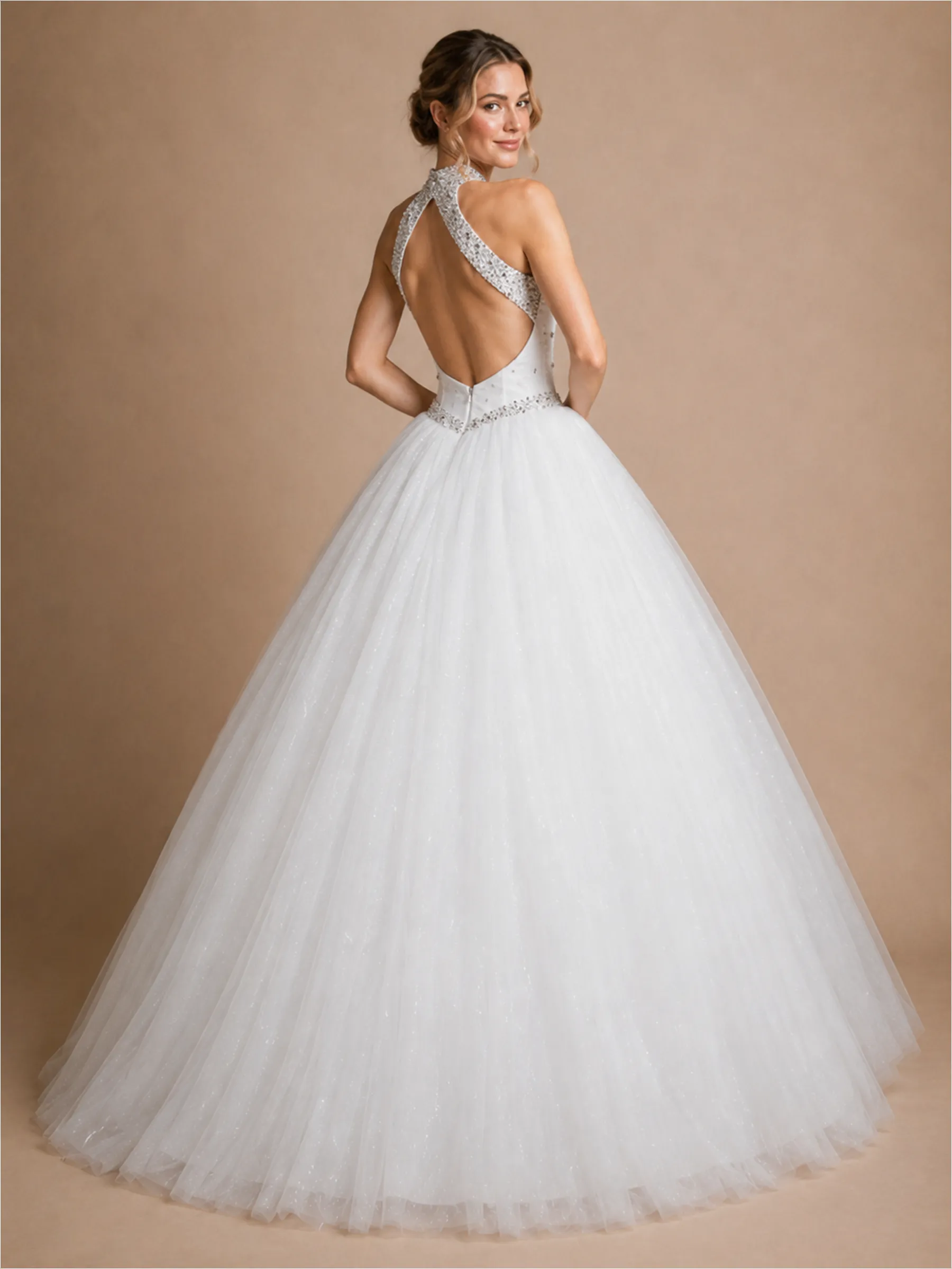 ChicSew Elegant High-Neck A-Line Glitter Tulle Rhinestone Floor-Length Wedding Dress sold by ChicSew product image thumbnail 4