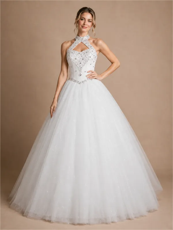 ChicSew Elegant High-Neck A-Line Glitter Tulle Rhinestone Floor-Length Wedding Dress made by ChicSew