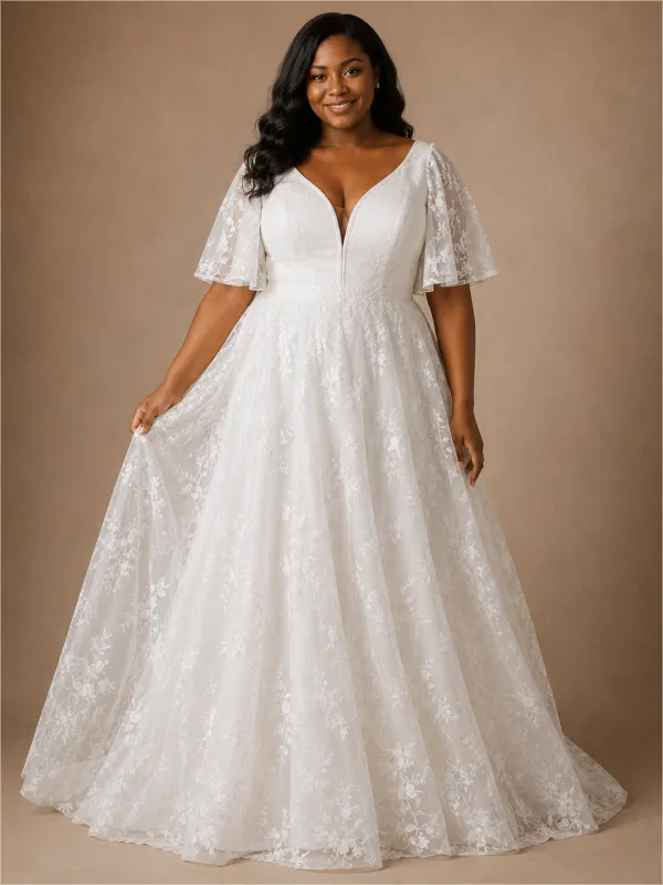 ChicSew Elegant V-Neck Lace Applique Flutter Sleeves A-Line Floor-Length Wedding Dress made by ChicSew