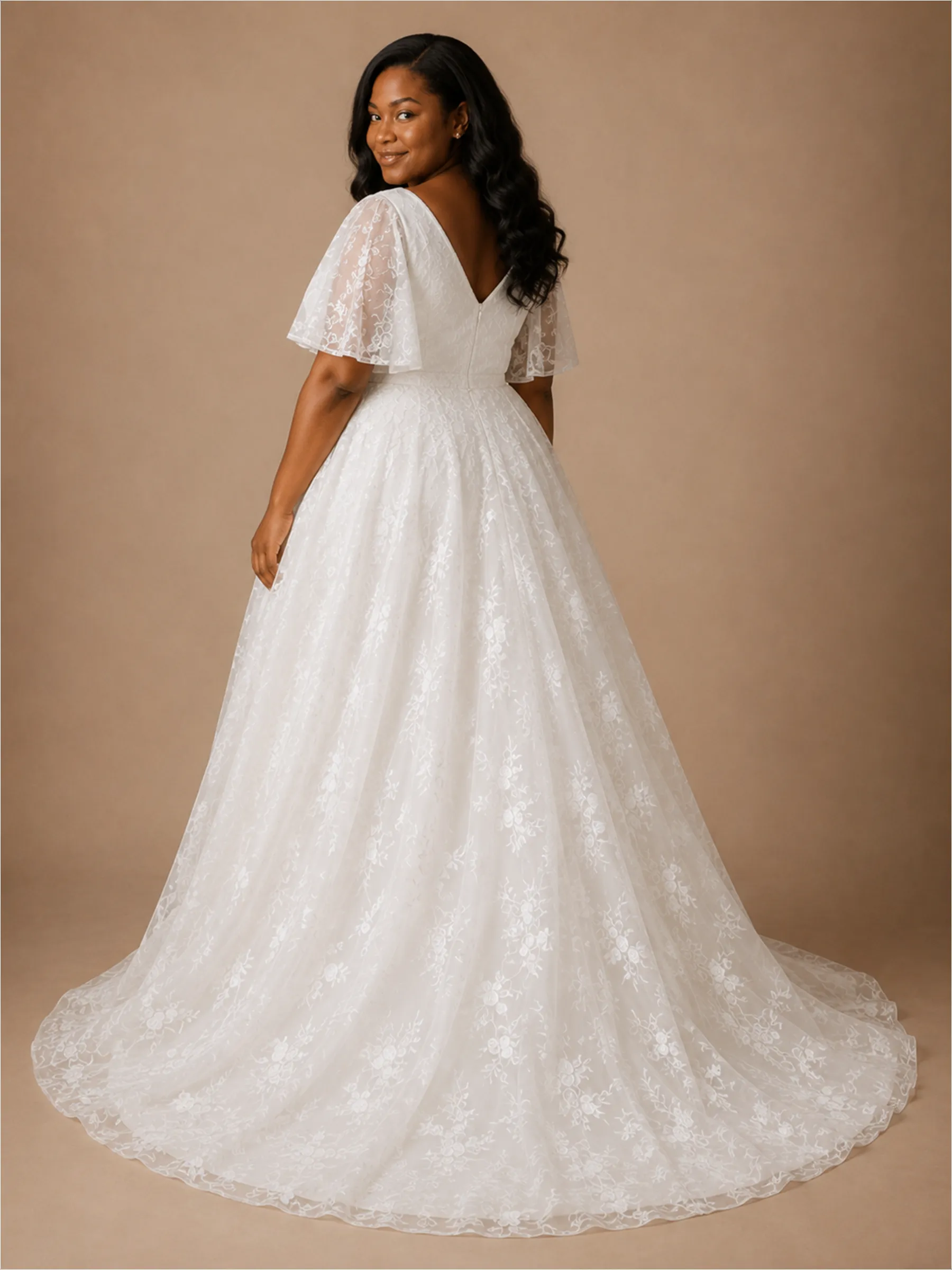 ChicSew Elegant V-Neck Lace Applique Flutter Sleeves A-Line Floor-Length Wedding Dress sold by ChicSew product image thumbnail 3