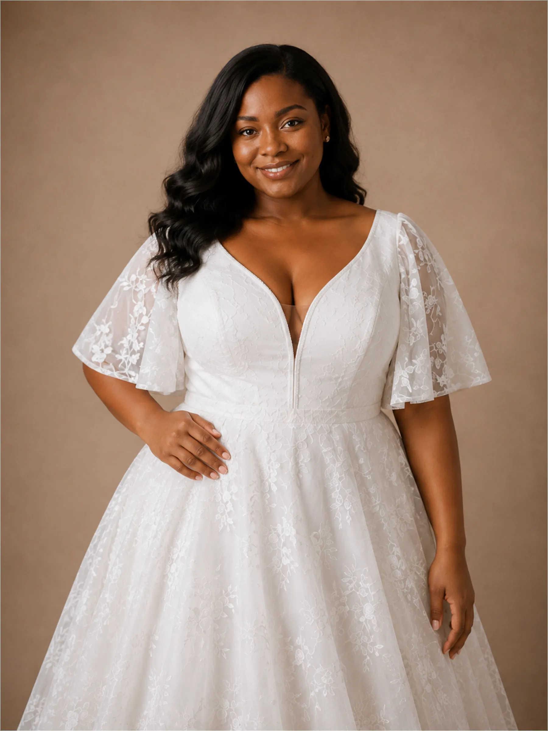 ChicSew Elegant V-Neck Lace Applique Flutter Sleeves A-Line Floor-Length Wedding Dress sold by ChicSew product image thumbnail 2