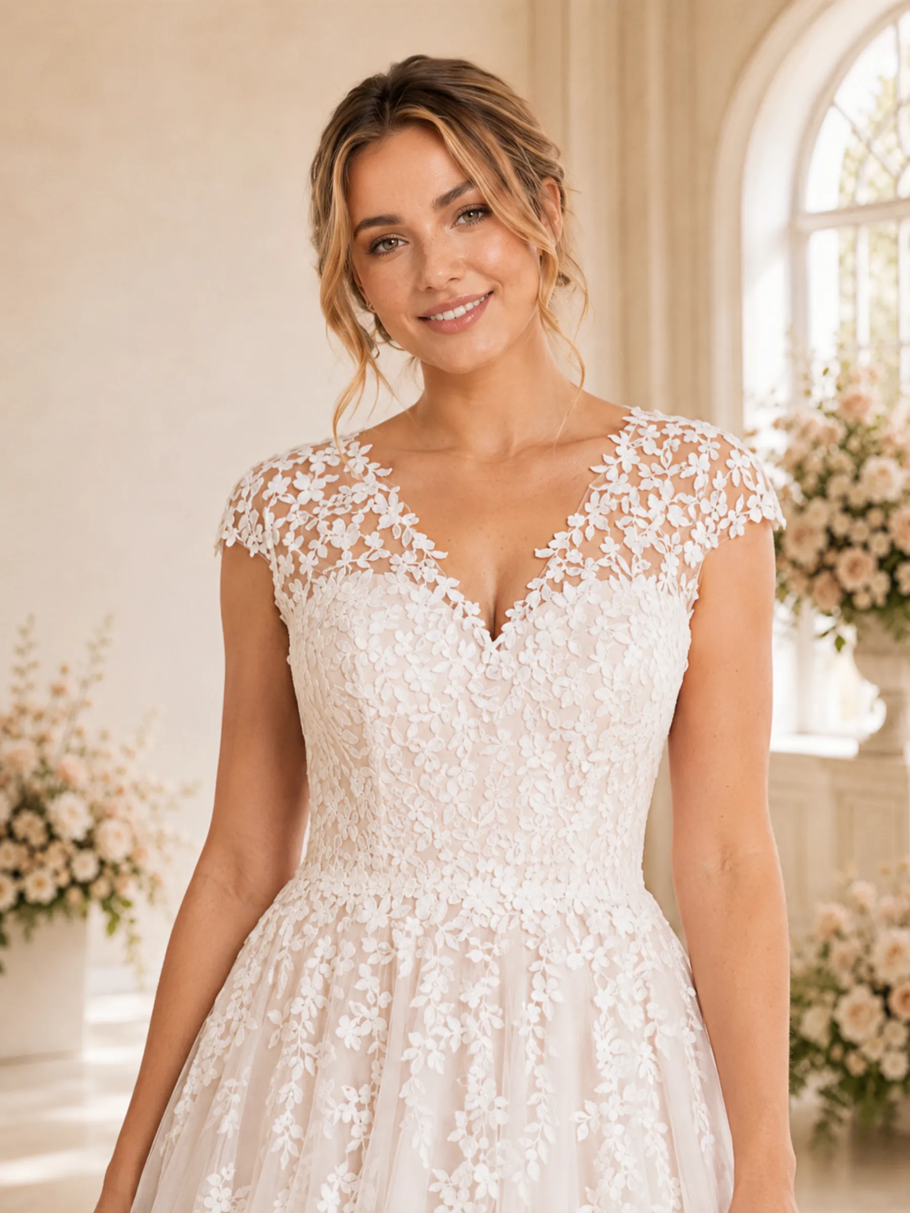 ChicSew Fancy Cap Sleeves V-Neck Lace Tulle Long A-Line Wedding Dress sold by ChicSew product image thumbnail 2