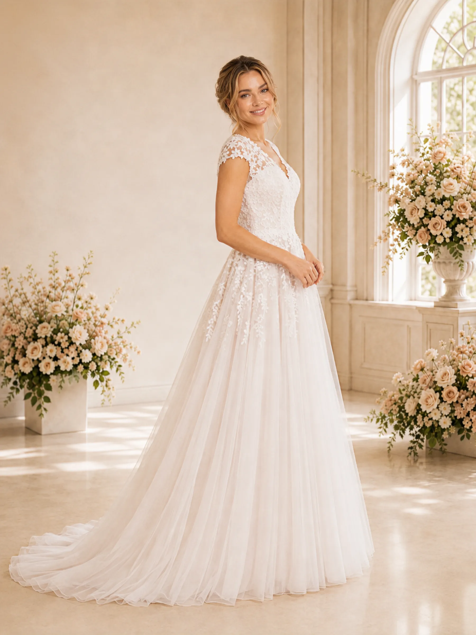 ChicSew Fancy Cap Sleeves V-Neck Lace Tulle Long A-Line Wedding Dress sold by ChicSew product image thumbnail 3