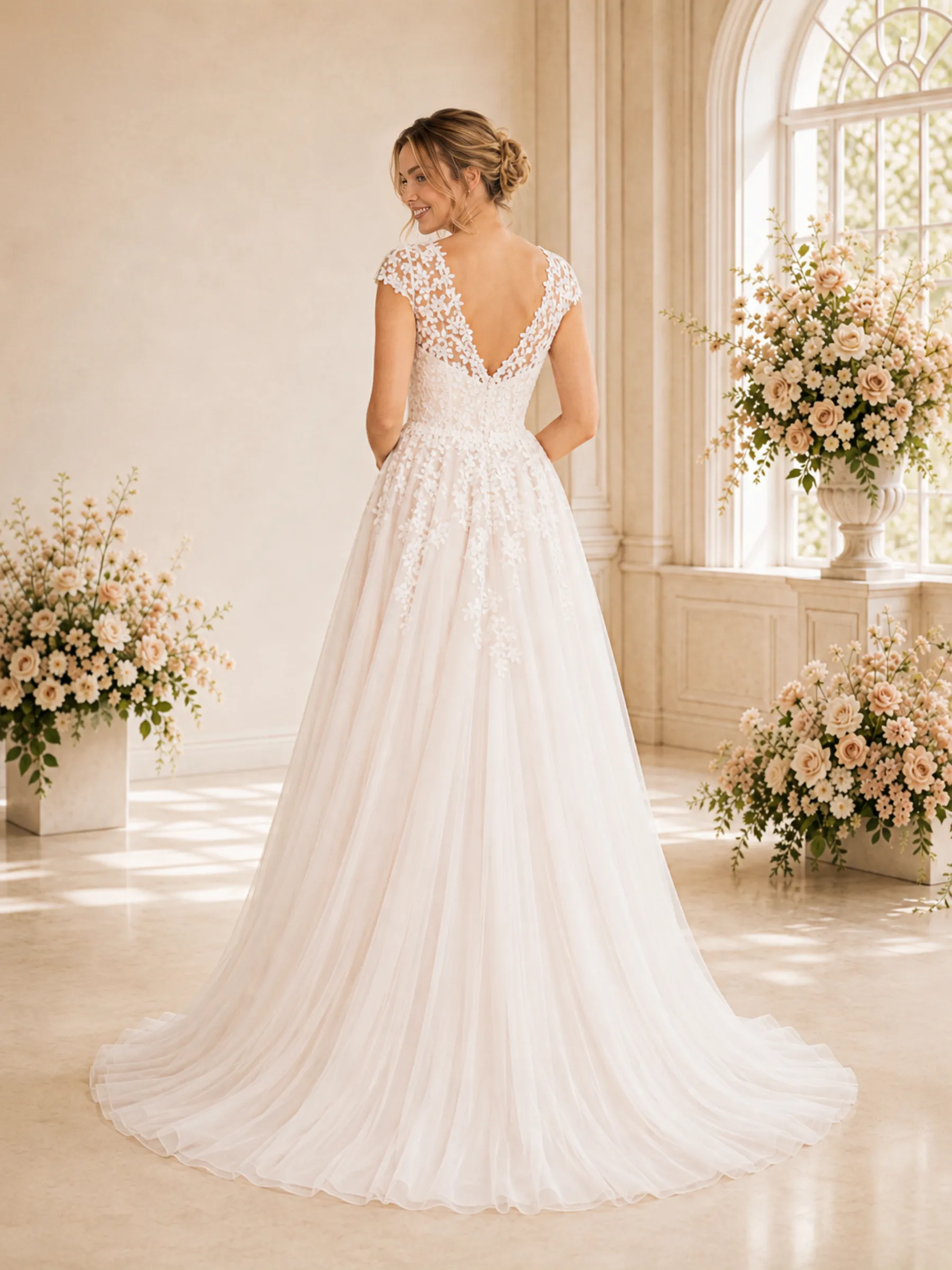 ChicSew Fancy Cap Sleeves V-Neck Lace Tulle Long A-Line Wedding Dress sold by ChicSew product image thumbnail 4