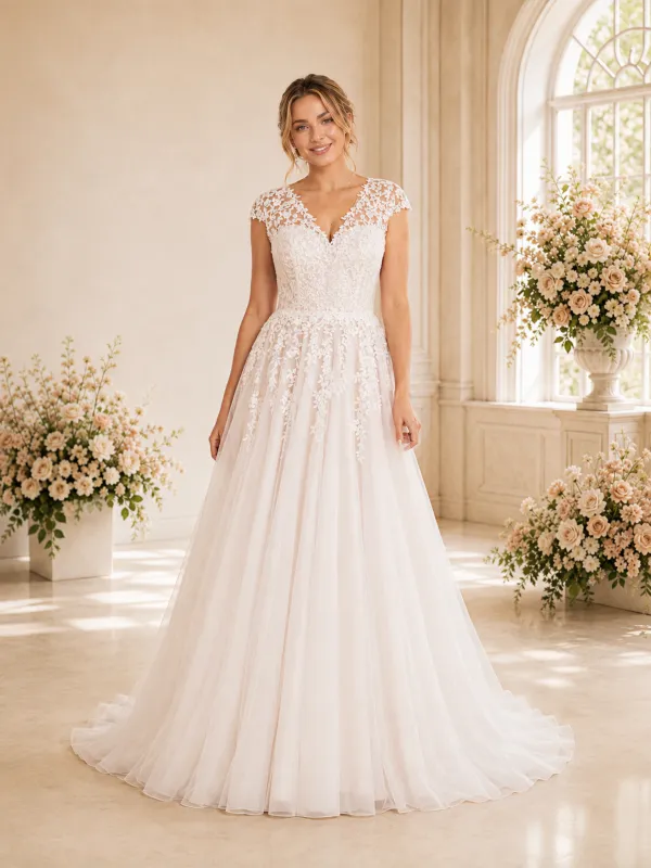ChicSew Fancy Cap Sleeves V-Neck Lace Tulle Long A-Line Wedding Dress made by ChicSew