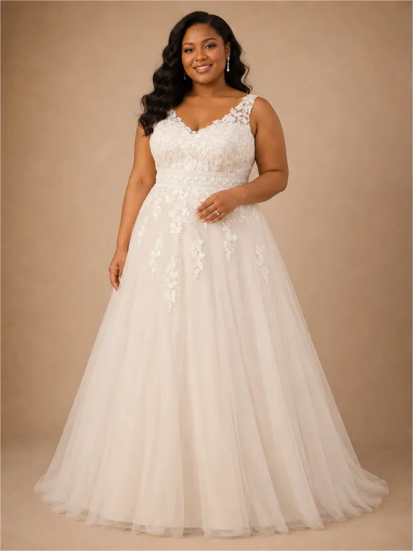 ChicSew Elegant Lace Tulle V-Neck A-Line Floor-Length Wedding Dress made by ChicSew