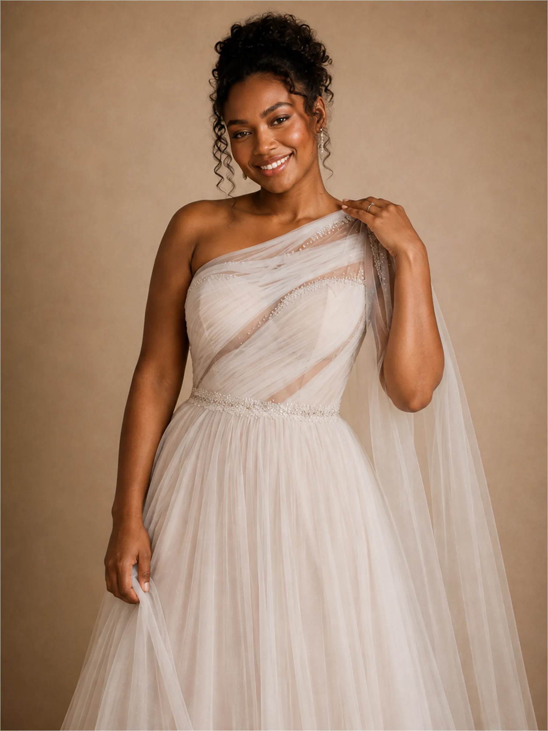 ChicSew Fancy One Shoulder A-Line Pleated Lace Tulle Maxi Wedding Dress With Cape sold by ChicSew product image thumbnail 2