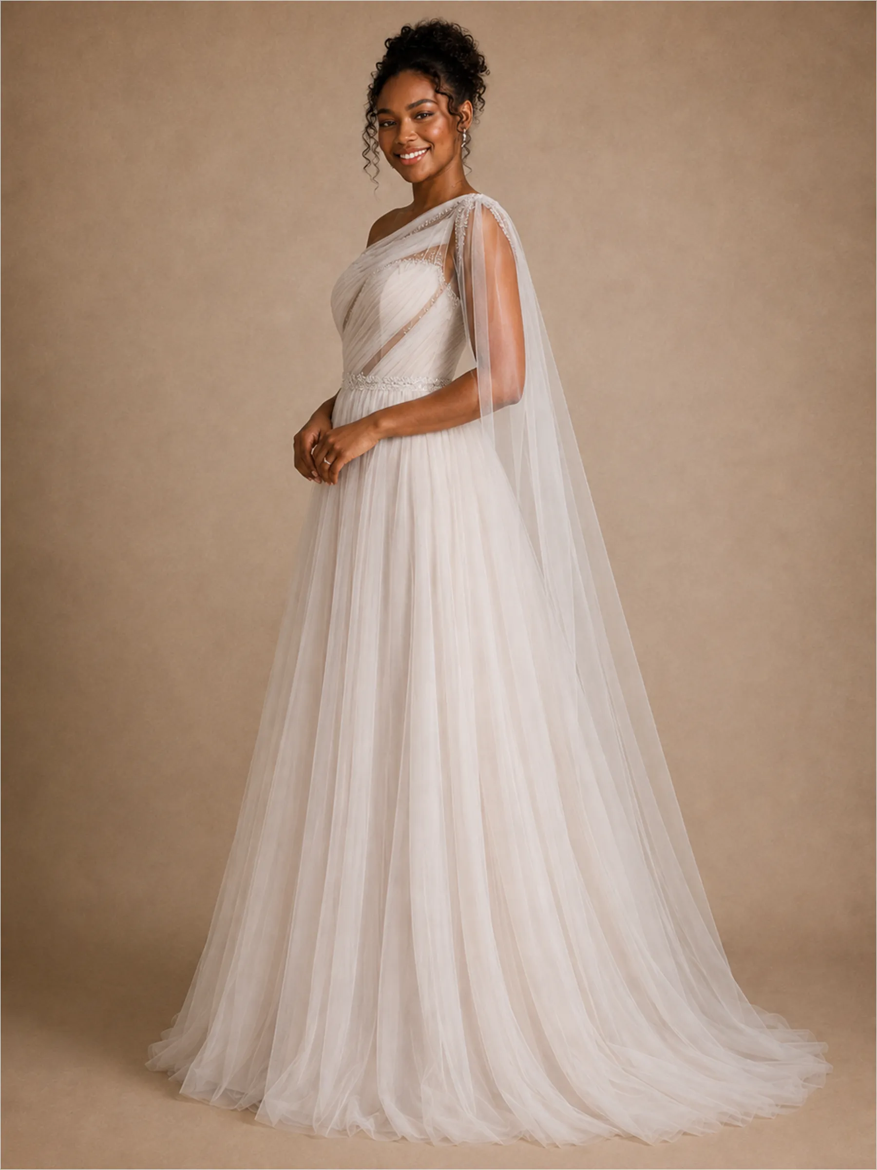 ChicSew Fancy One Shoulder A-Line Pleated Lace Tulle Maxi Wedding Dress With Cape sold by ChicSew product image thumbnail 4