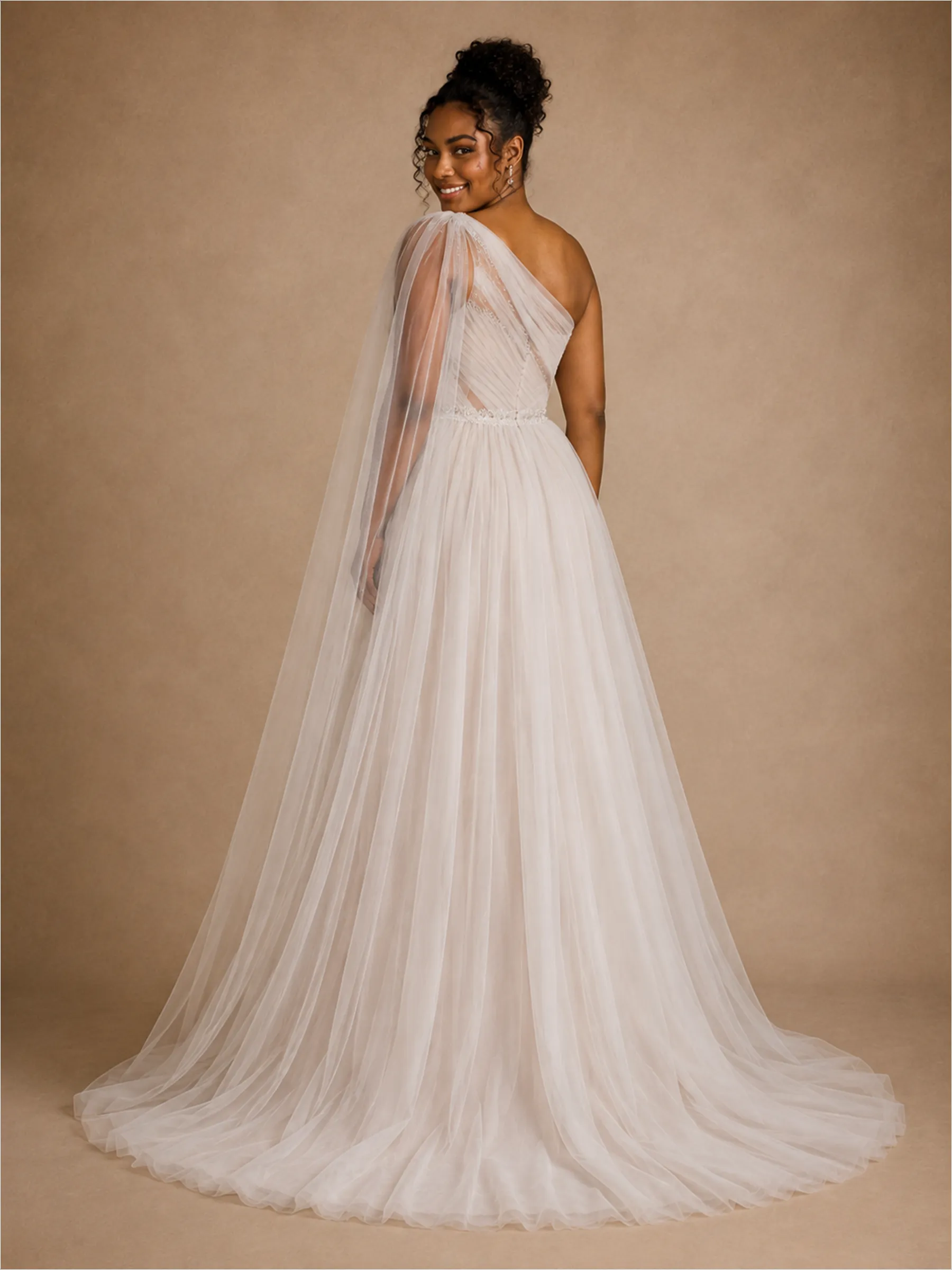 ChicSew Fancy One Shoulder A-Line Pleated Lace Tulle Maxi Wedding Dress With Cape sold by ChicSew product image thumbnail 3