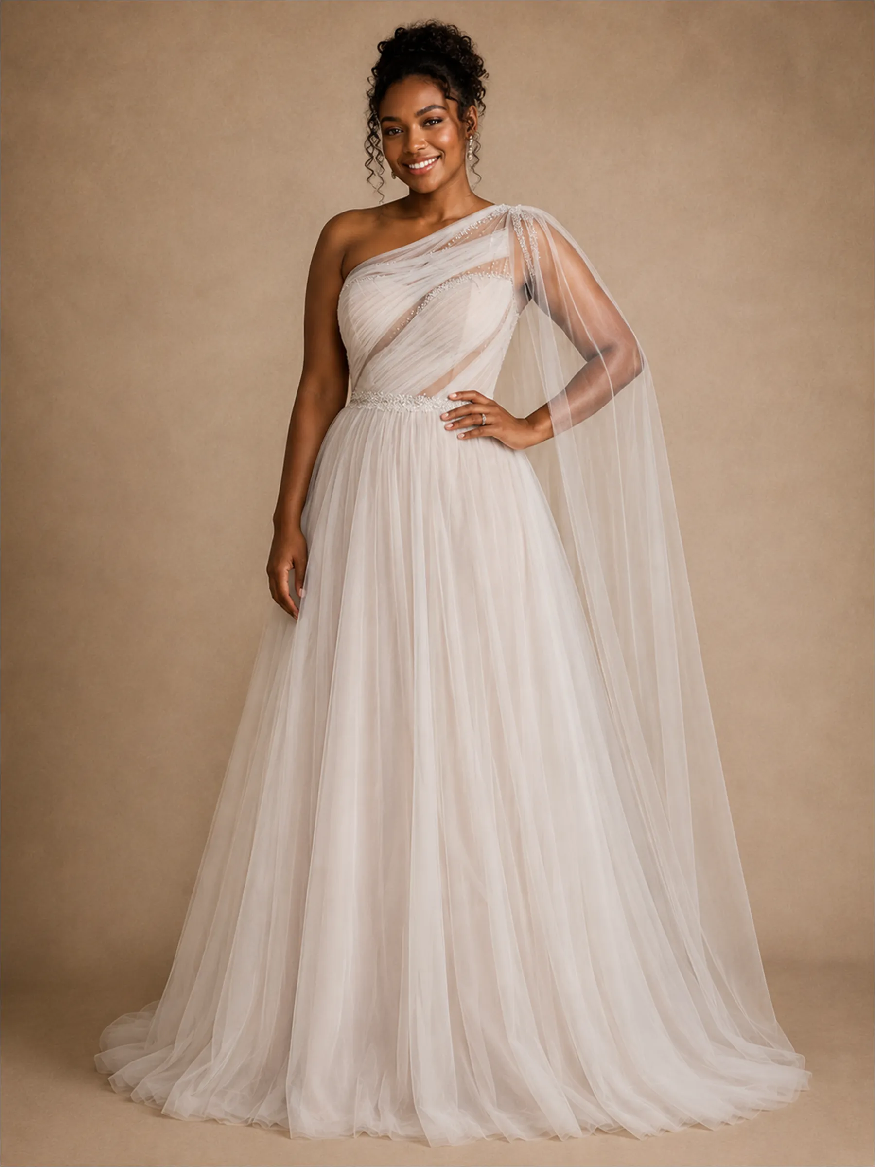 ChicSew Fancy One Shoulder A-Line Pleated Lace Tulle Maxi Wedding Dress With Cape sold by ChicSew