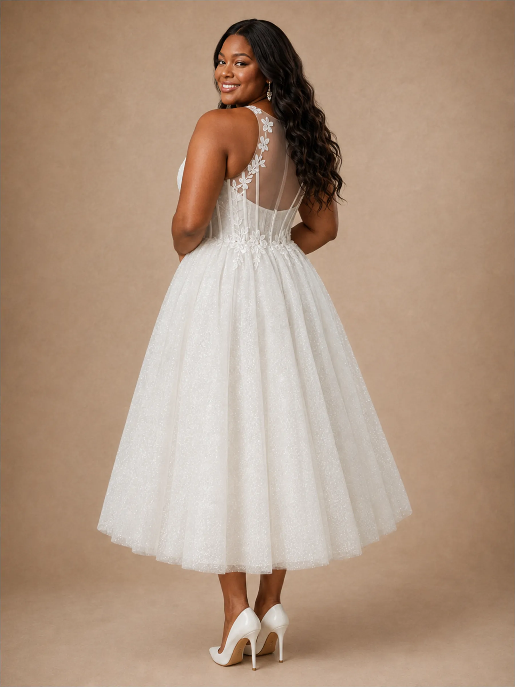 ChicSew Classy Halter Boning Glitter Tulle A-Line Ankle-Length Wedding Dress With Applique sold by ChicSew product image thumbnail 3