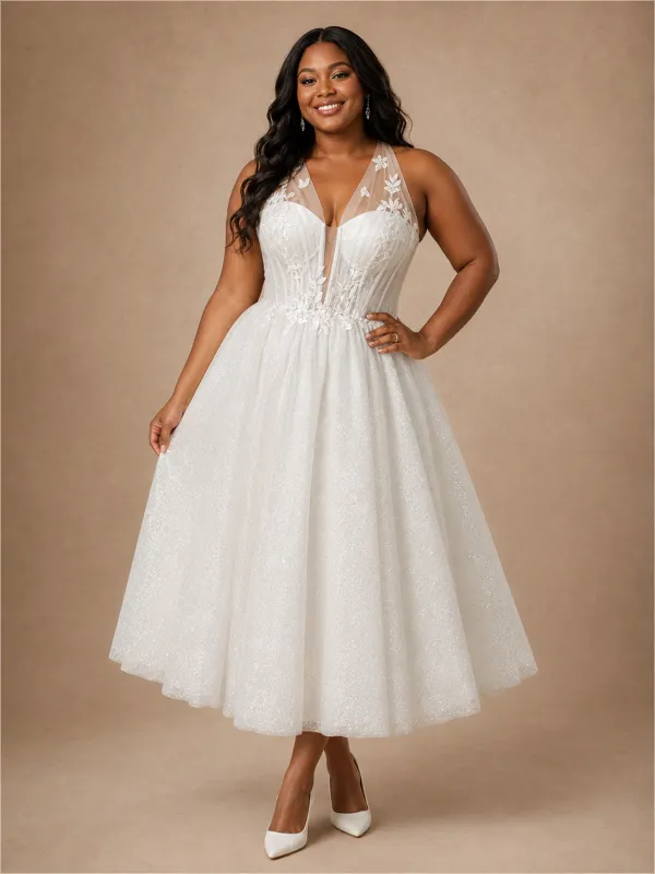 ChicSew Classy Halter Boning Glitter Tulle A-Line Ankle-Length Wedding Dress With Applique made by ChicSew