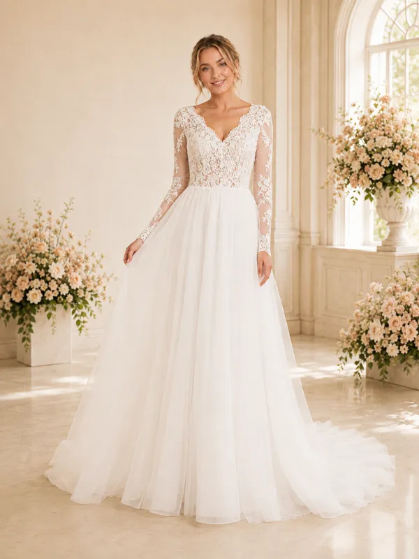 ChicSew Classy Lace Applique Tulle Long Sleeves A-Line Maxi Long Wedding Dress made by ChicSew