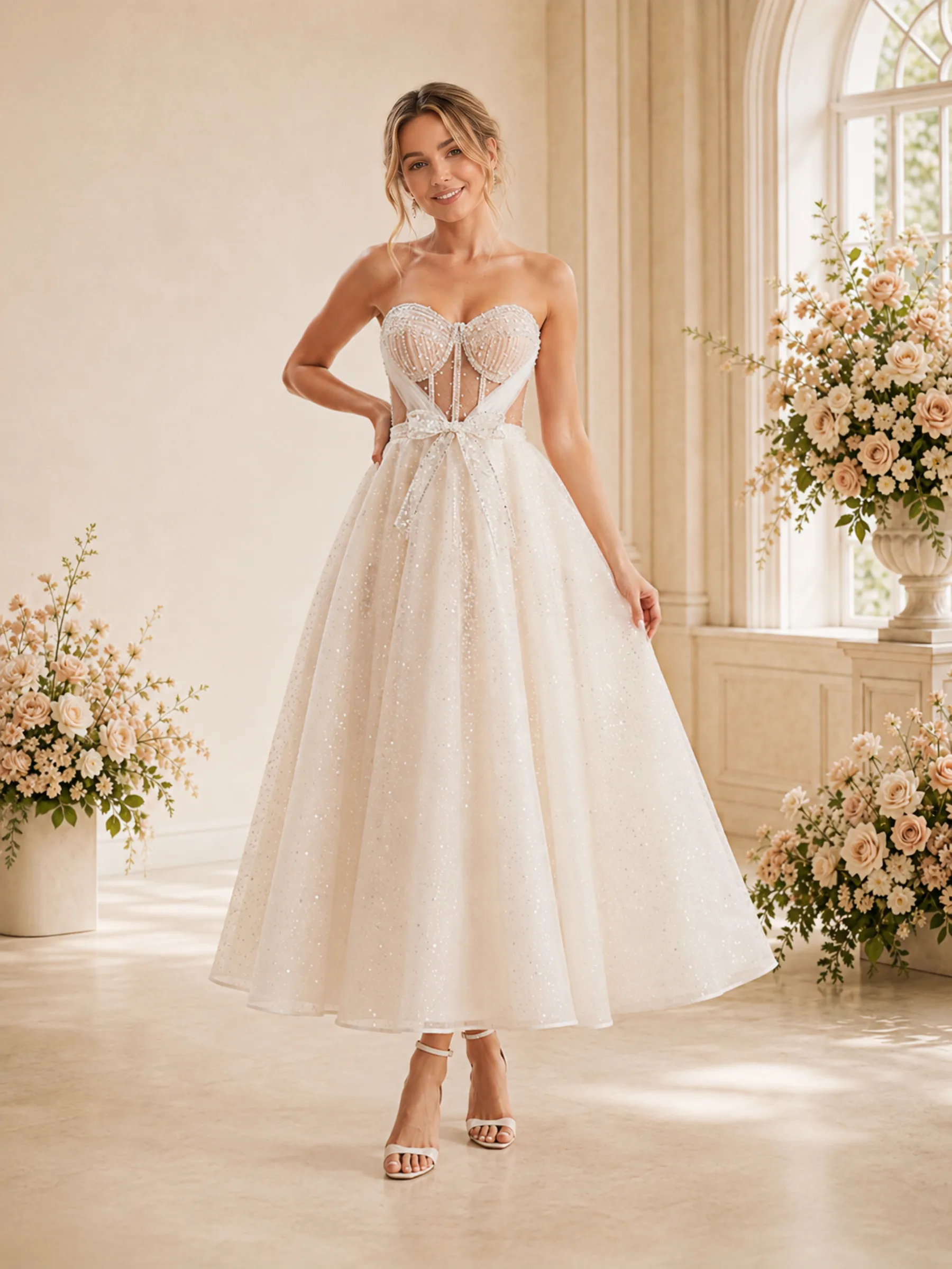 ChicSew Fancy Sweetheart Lace Tulle Boning A-Line Ankle-Length Wedding Dress With Bow Knot sold by ChicSew