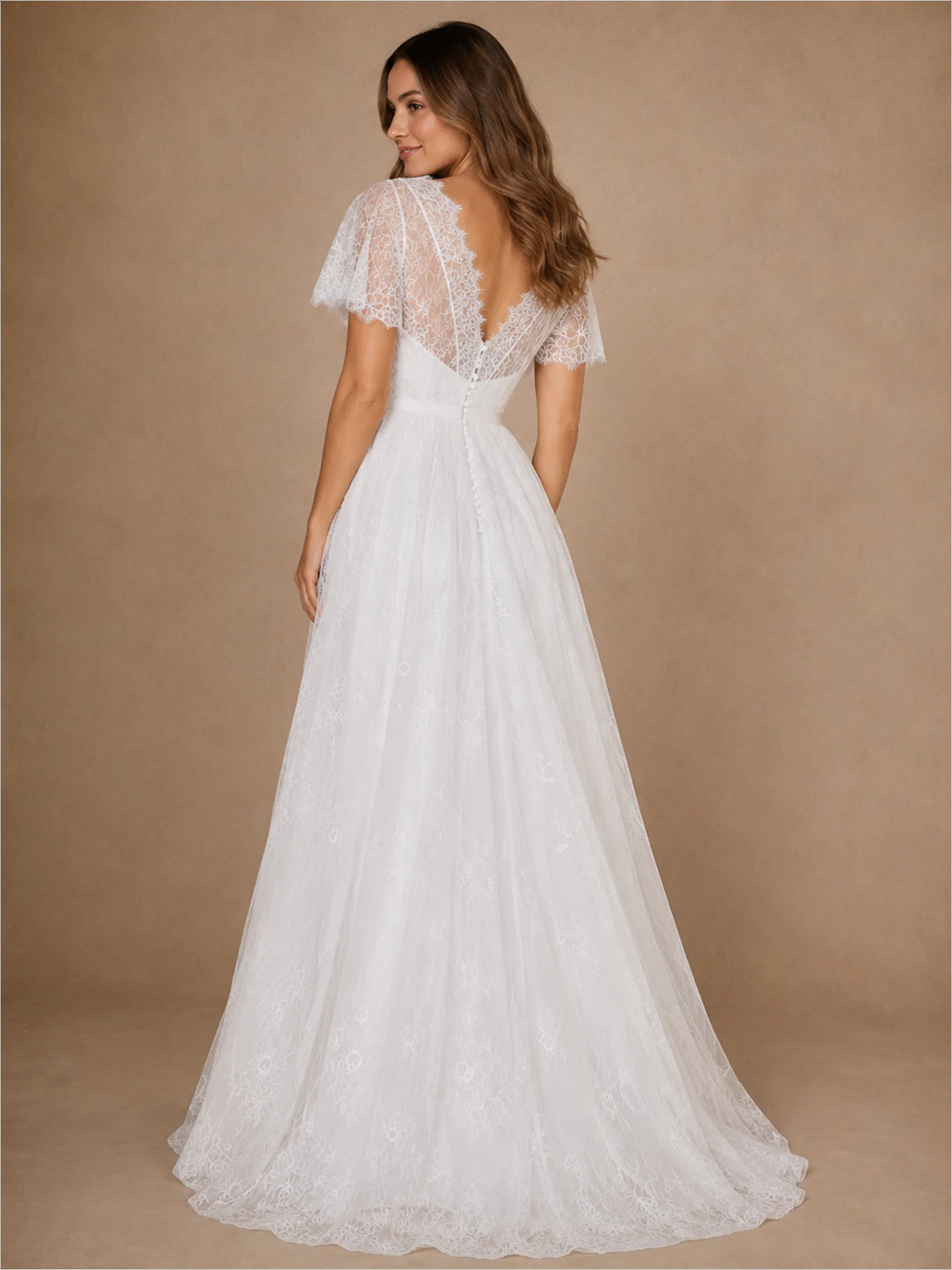 ChicSew Elegant V-NecK Short Sleeves Lace A-Line Floor-Length Wedding Dress sold by ChicSew product image thumbnail 4