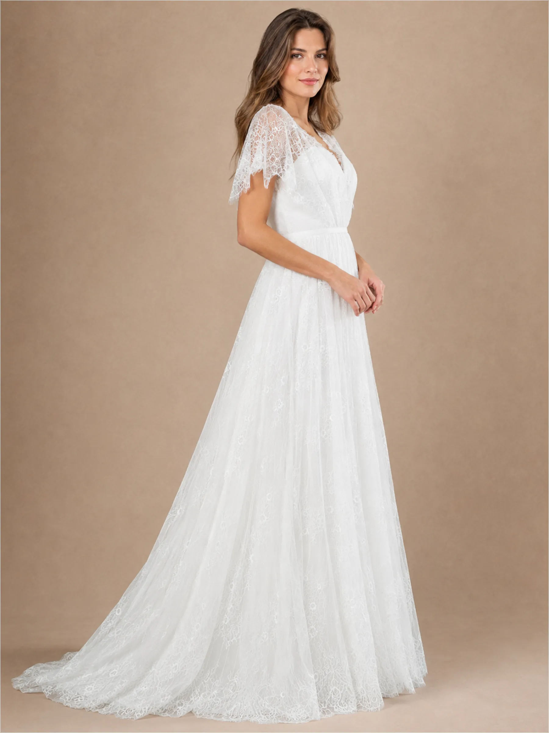 ChicSew Elegant V-NecK Short Sleeves Lace A-Line Floor-Length Wedding Dress sold by ChicSew product image thumbnail 3