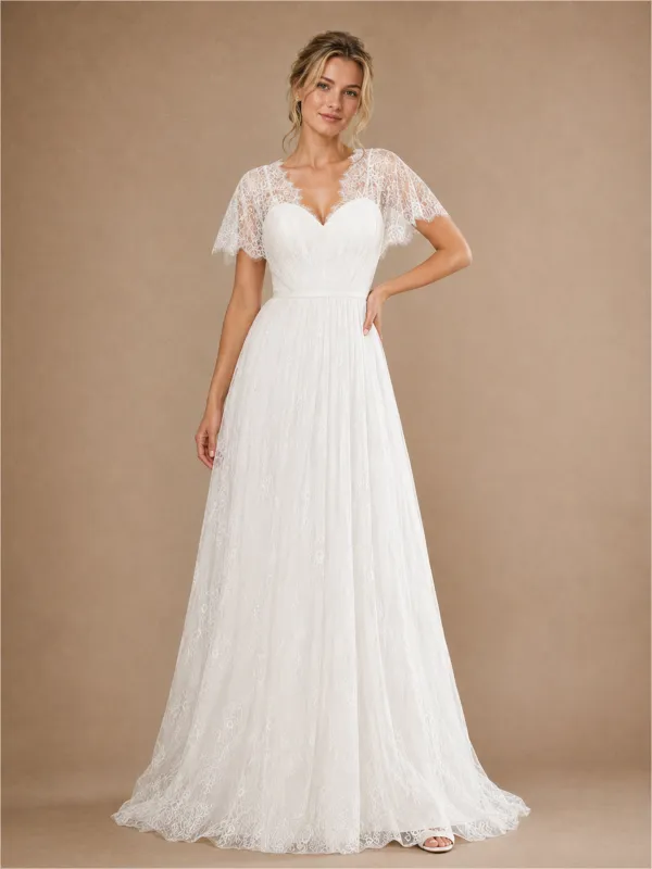 ChicSew Elegant V-NecK Short Sleeves Lace A-Line Floor-Length Wedding Dress made by ChicSew