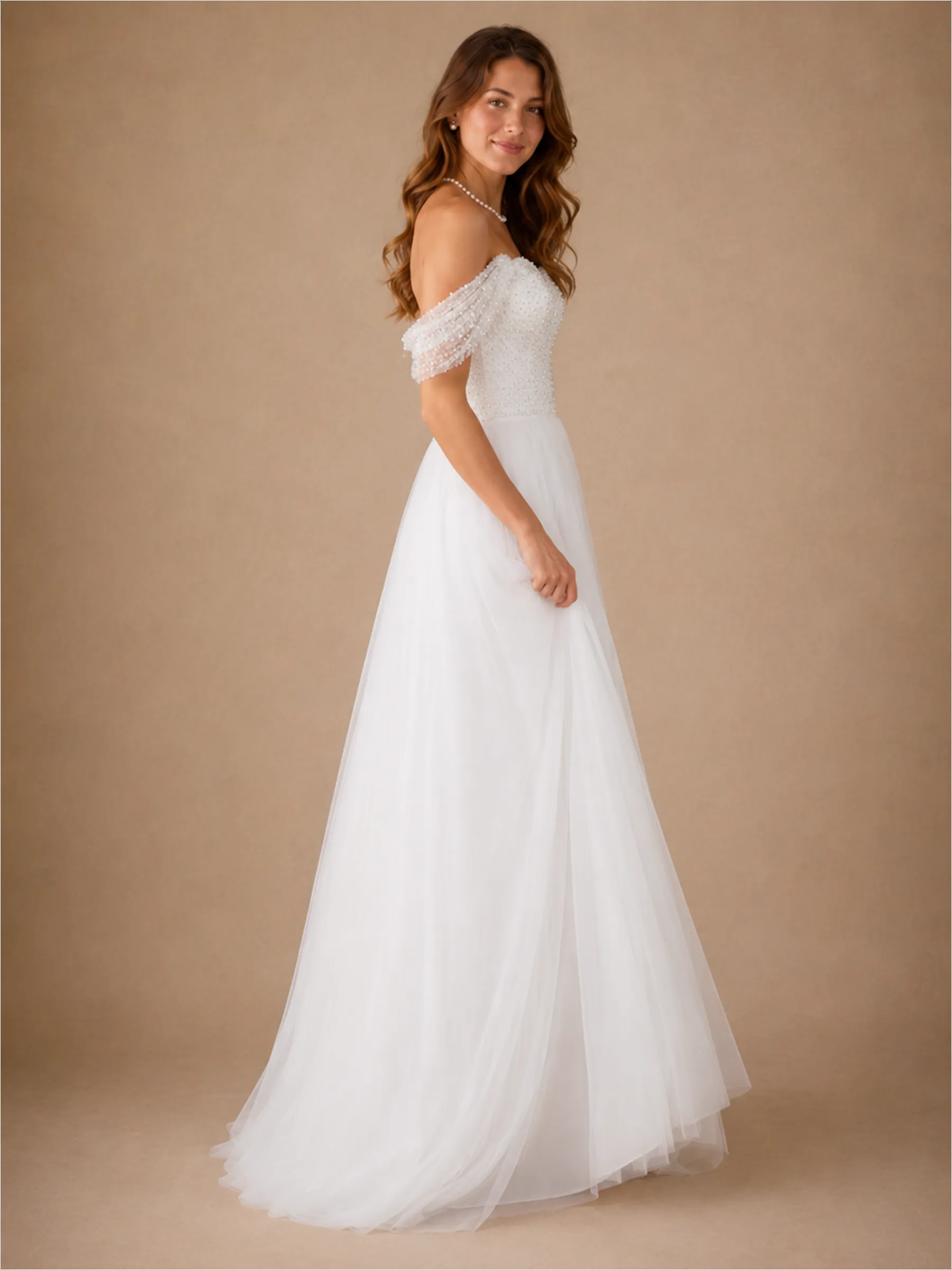 ChicSew Elegant Off The Shoulder Sleeveless Beading Tulle A-Line Long Wedding Dress sold by ChicSew product image thumbnail 3