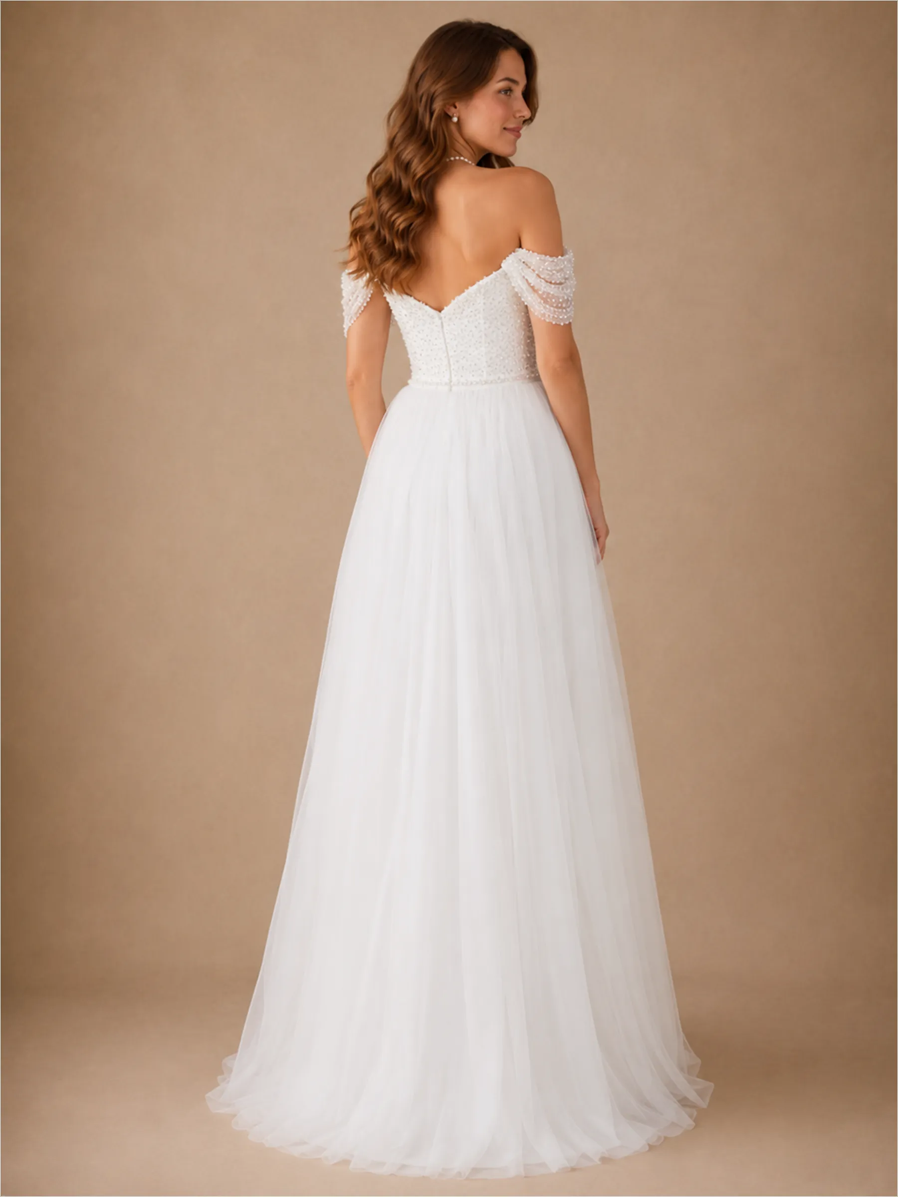 ChicSew Elegant Off The Shoulder Sleeveless Beading Tulle A-Line Long Wedding Dress sold by ChicSew product image thumbnail 4
