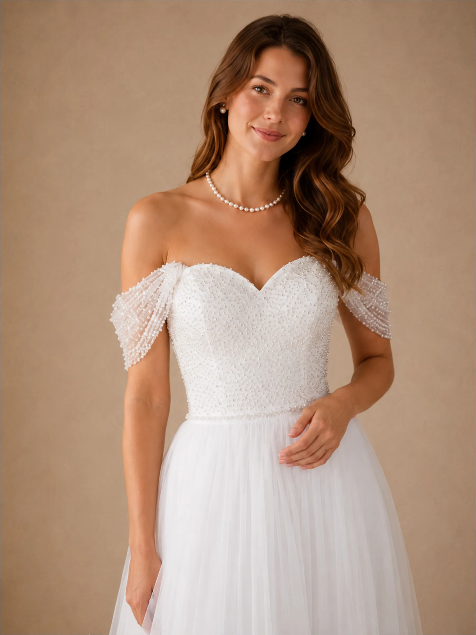 ChicSew Elegant Off The Shoulder Sleeveless Beading Tulle A-Line Long Wedding Dress sold by ChicSew product image thumbnail 2