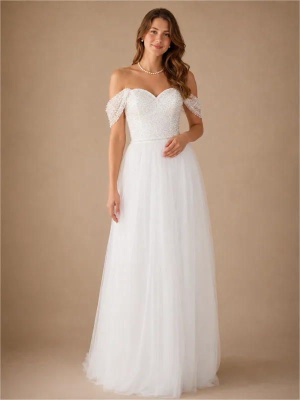 ChicSew Elegant Off The Shoulder Sleeveless Beading Tulle A-Line Long Wedding Dress made by ChicSew