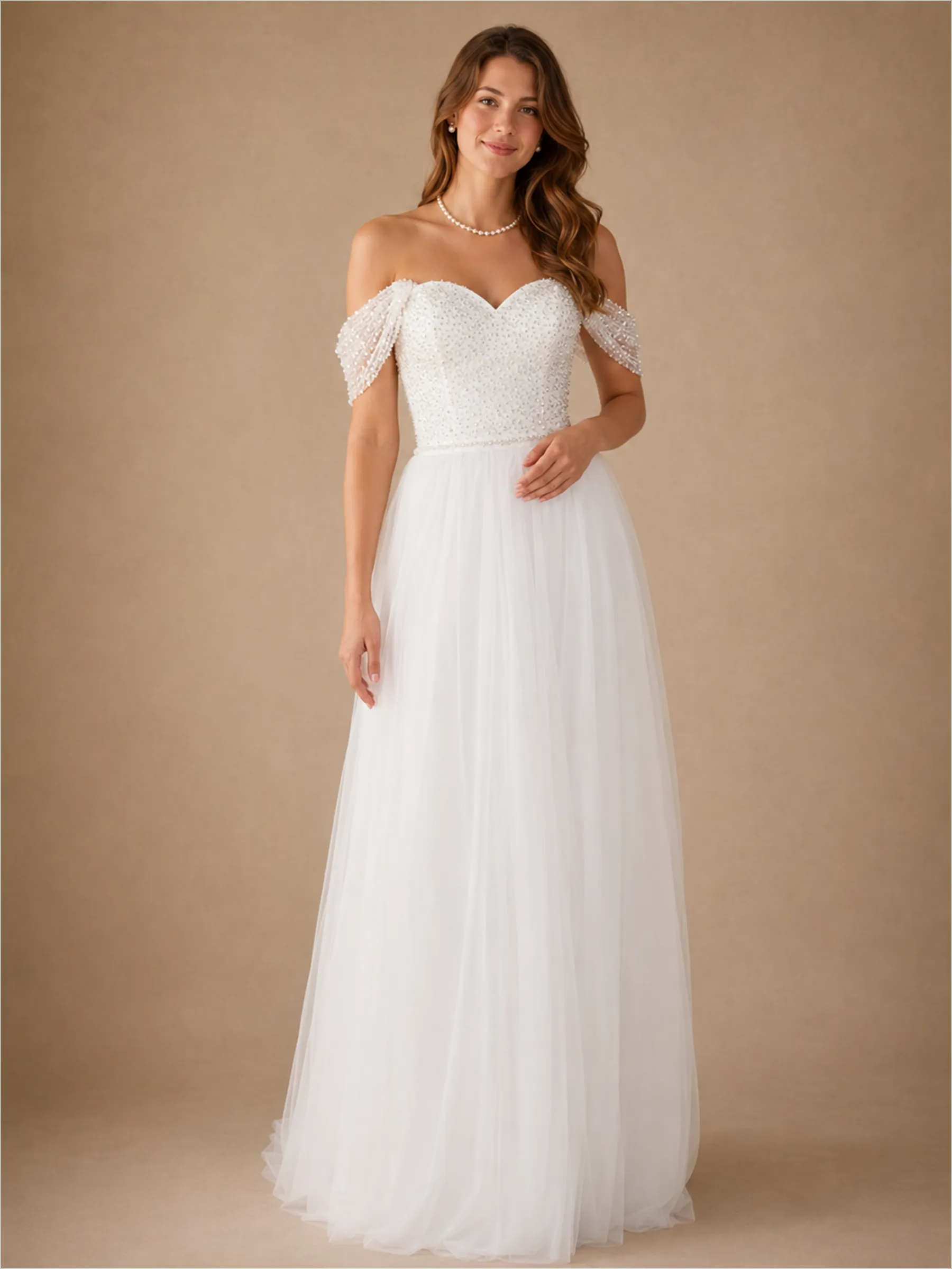 ChicSew Elegant Off The Shoulder Sleeveless Beading Tulle A-Line Long Wedding Dress sold by ChicSew