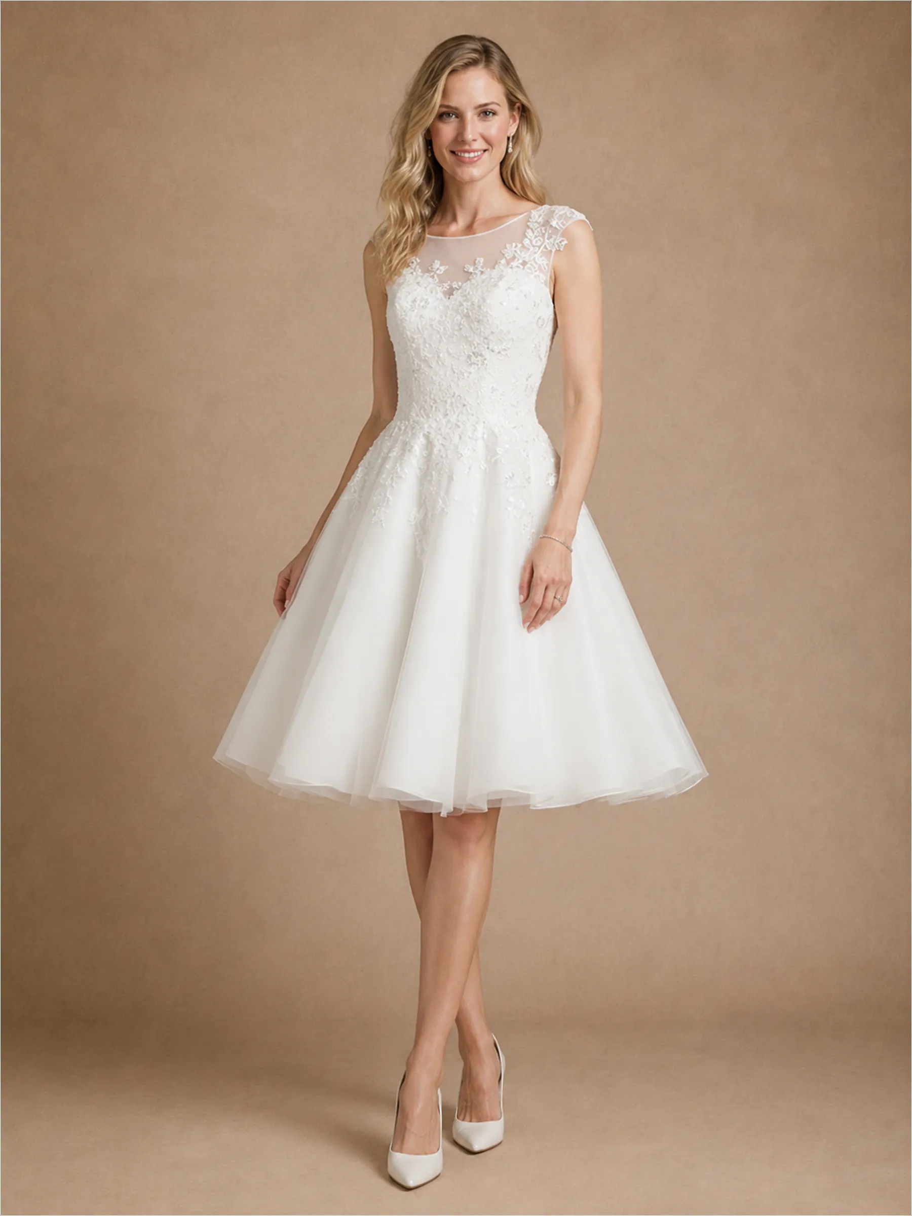 ChicSew Fancy Illusion Sleeveless Lace Tulle A-Line Knee-Length Wedding Dress sold by ChicSew