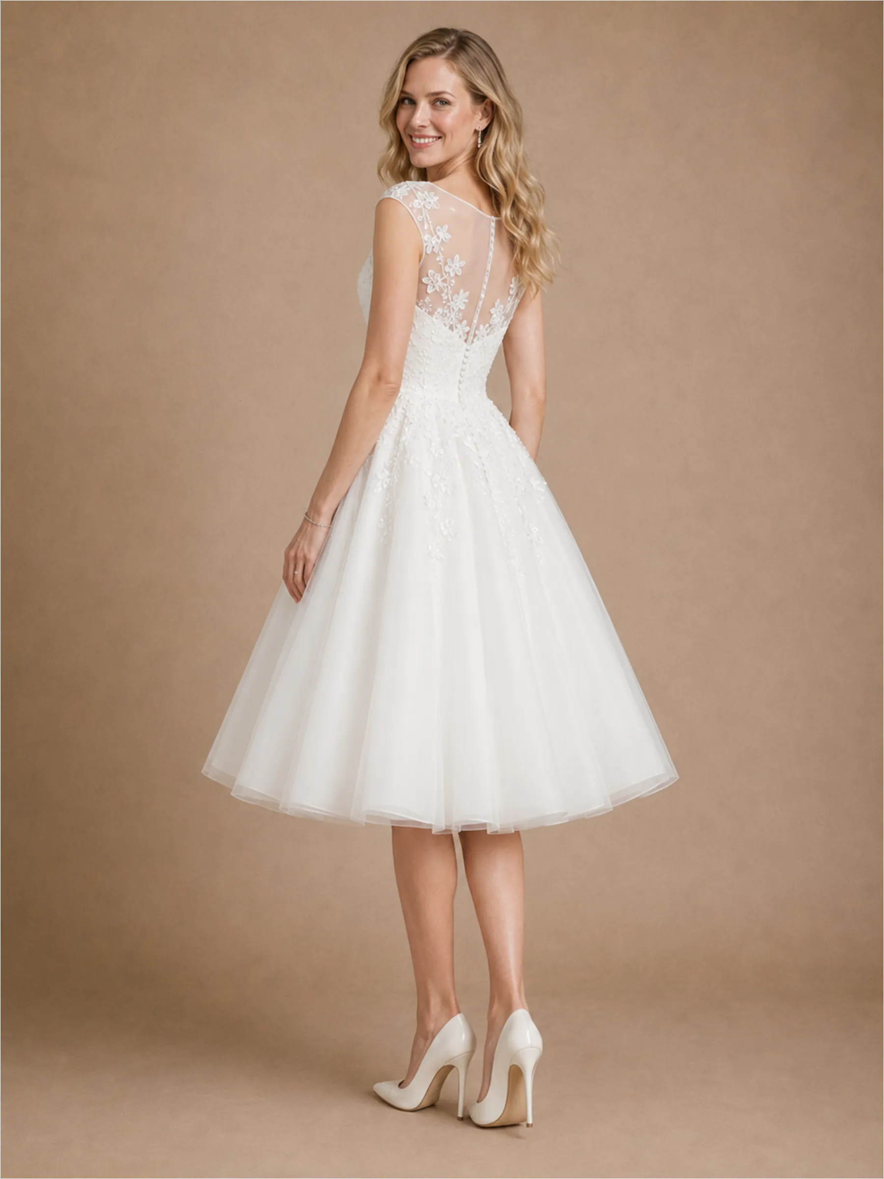 ChicSew Fancy Illusion Sleeveless Lace Tulle A-Line Knee-Length Wedding Dress sold by ChicSew product image thumbnail 4